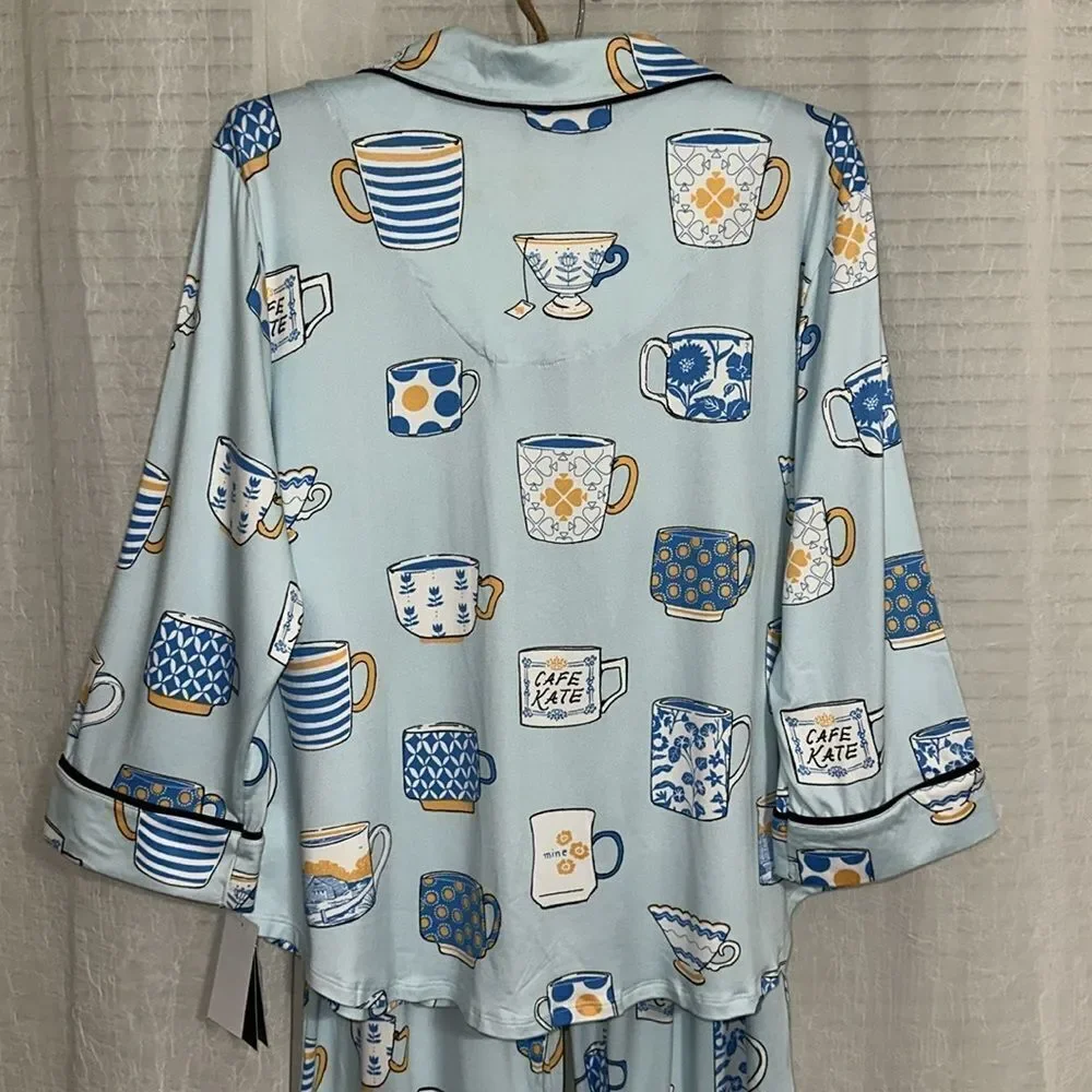 kate spade XL Light Blue Tea Coffee Print Notch Collar 3/4 Sleeve Pants PJ Set